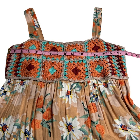 Easel Women's Crochet Top Tiered Maxi Dress Floral Bohemian Cottagecore Peach M - Picture 10 of 11